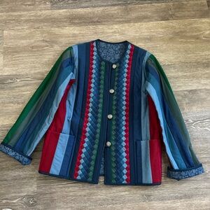 Handmade pieced quilted Colorful Striped Jacket with Button Details grandmacore